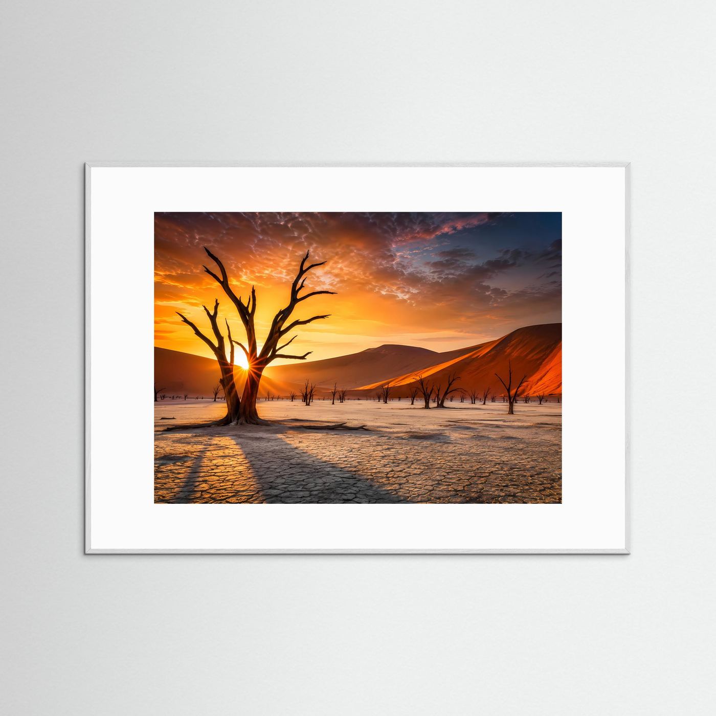 Feuriger Sonnenaufgang in der Wüste | Dead Vlei Baum & Dünen Poster Querformat