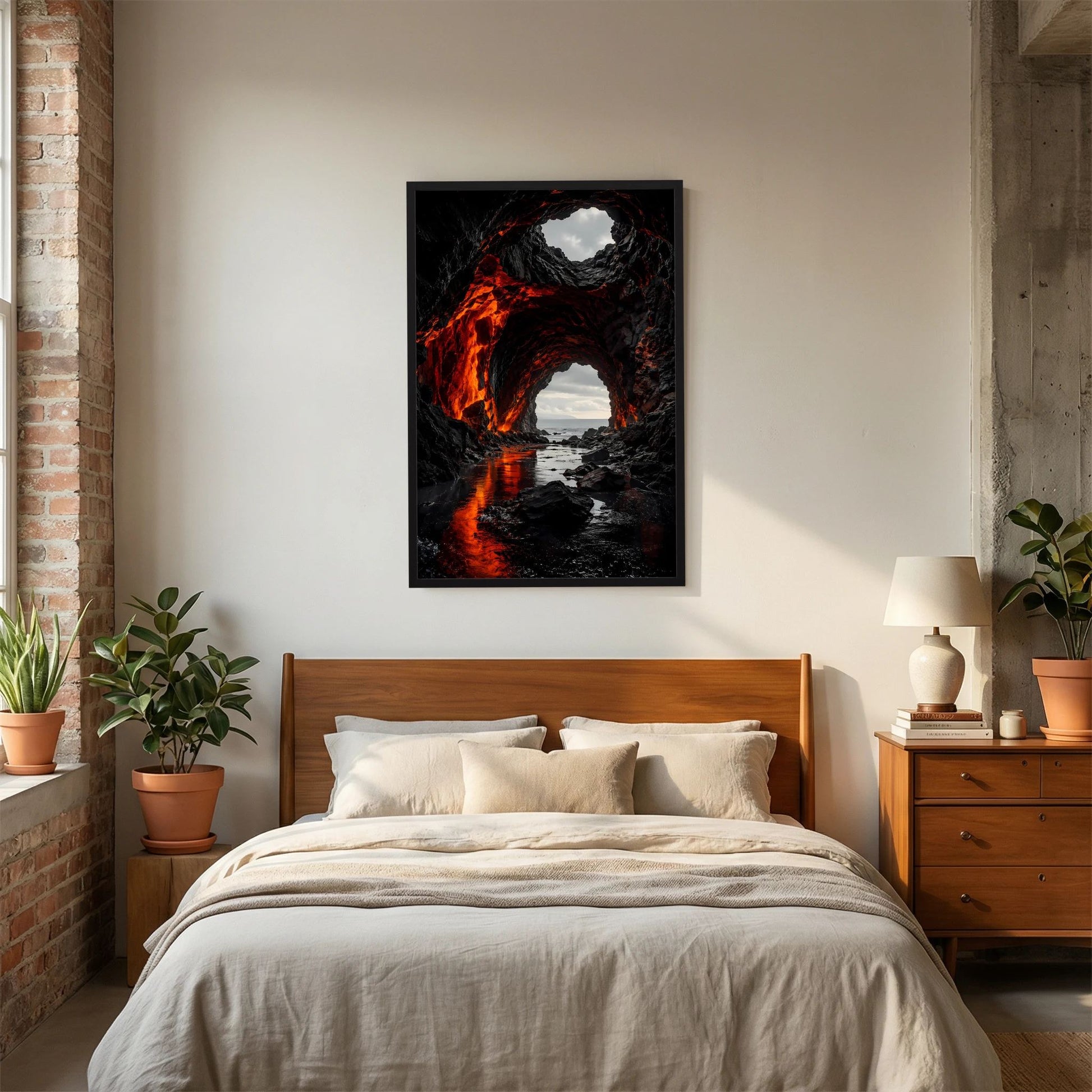 Poster im Hochformat mit schwarzem Rahmen: Felsröhre mit roter Lava, Meerblick durch das Loch