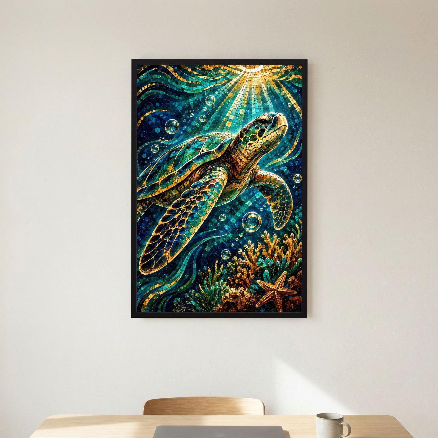 Hochformat-Poster mit Meeresschildkröte im Mosaikstil, türkis-goldenem Unterwassermotiv, schwarzer Rahmen
