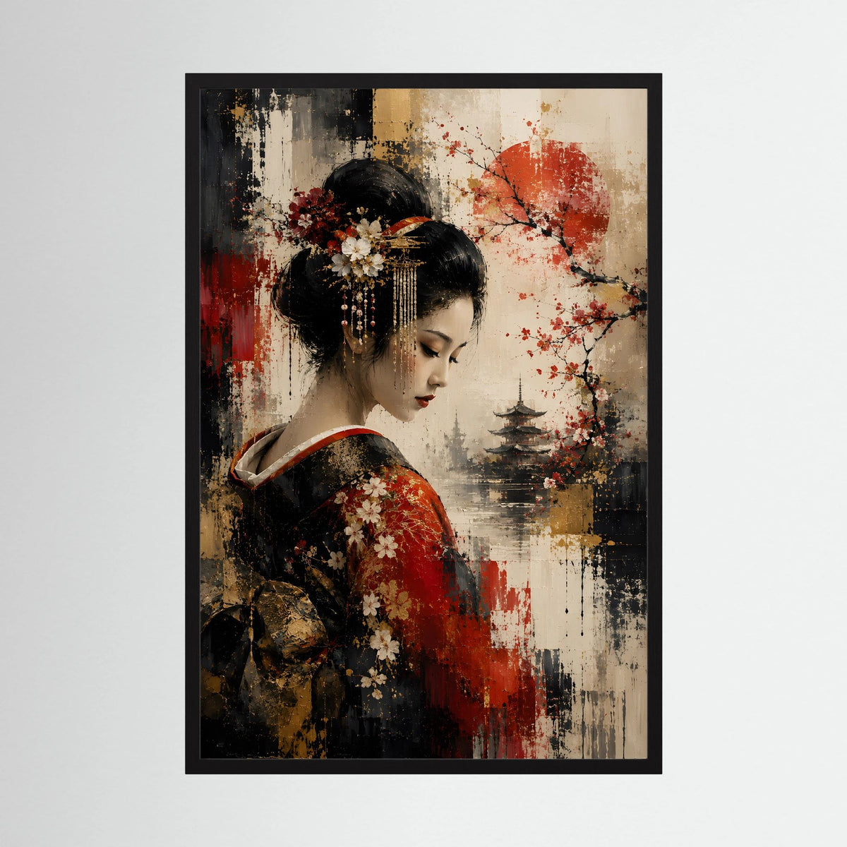 Kunstposter im Hochformat: Geisha-Porträt mit roten Akzenten, Kirschblüten und Pagode, schwarz gerahmt.