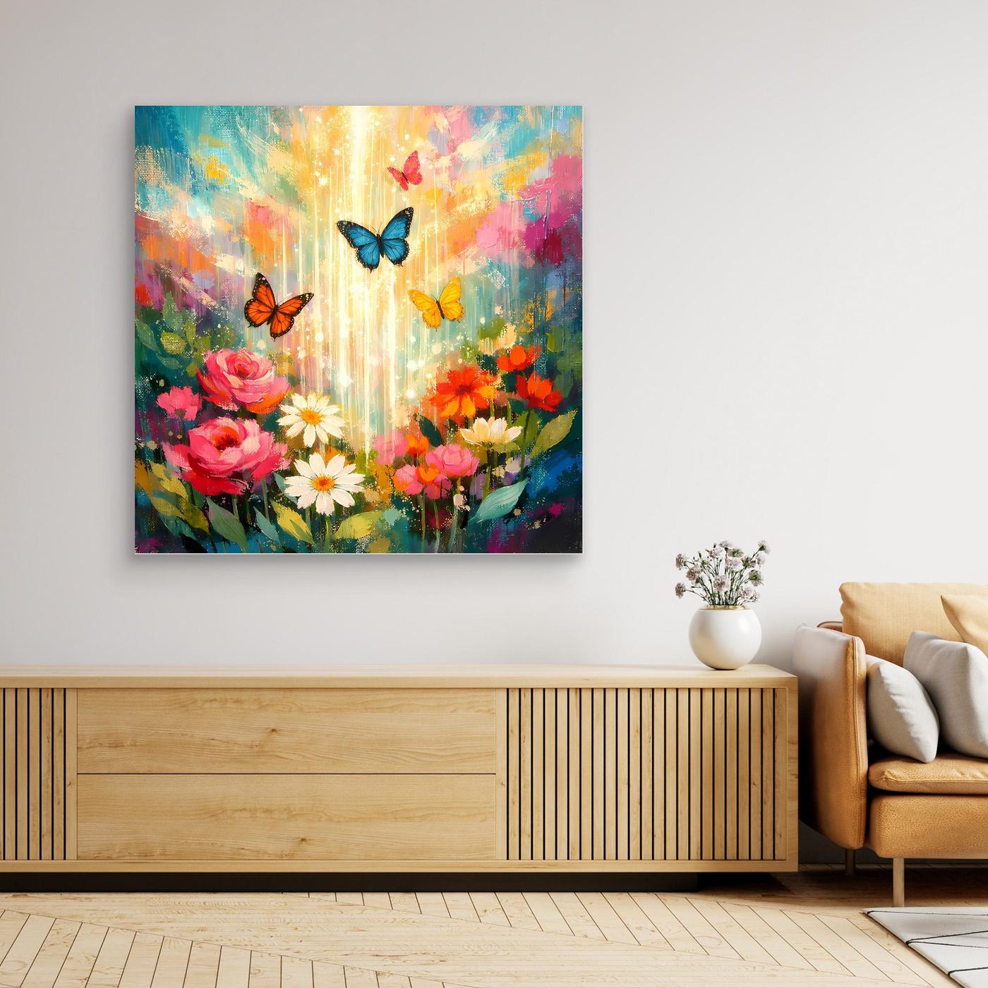 Wandbild Leinwand mit bunten Blumen und Schmetterlingen, abstraktes Motiv