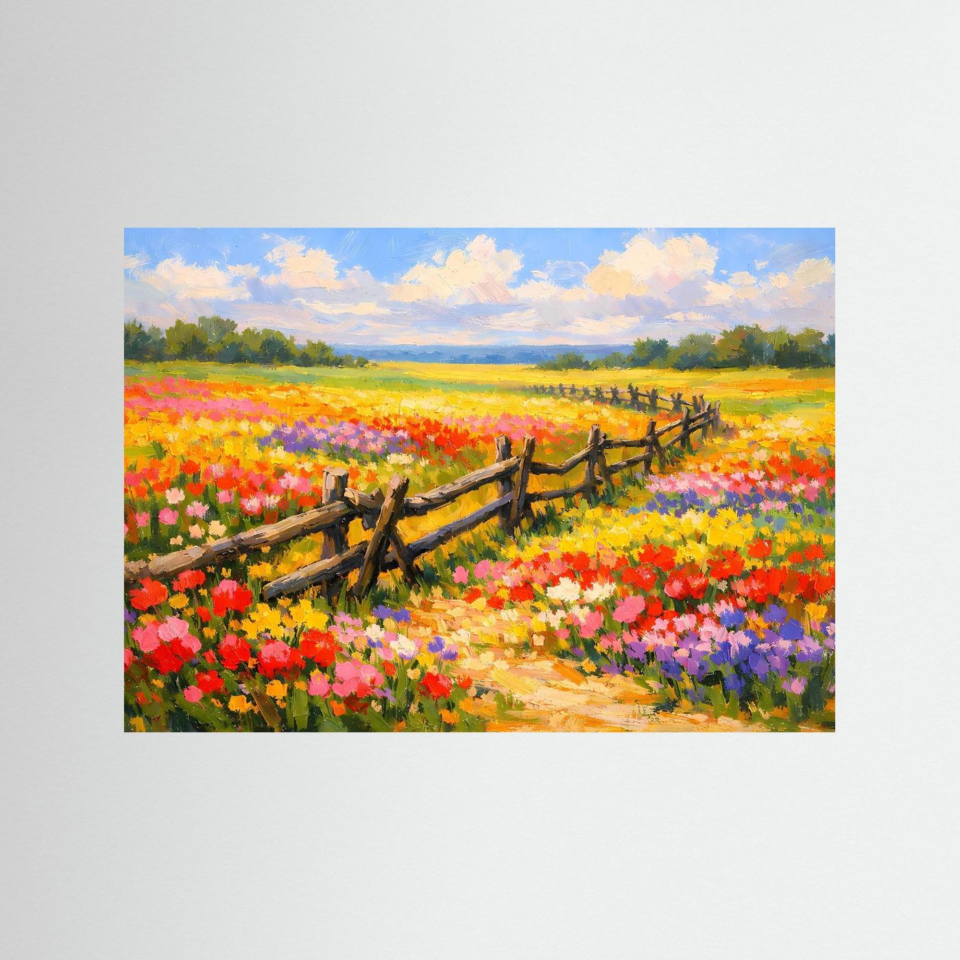 Poster Blühende Sommerwiese mit Holzzaun | Majestätisches Farbenfrohes Wandbild