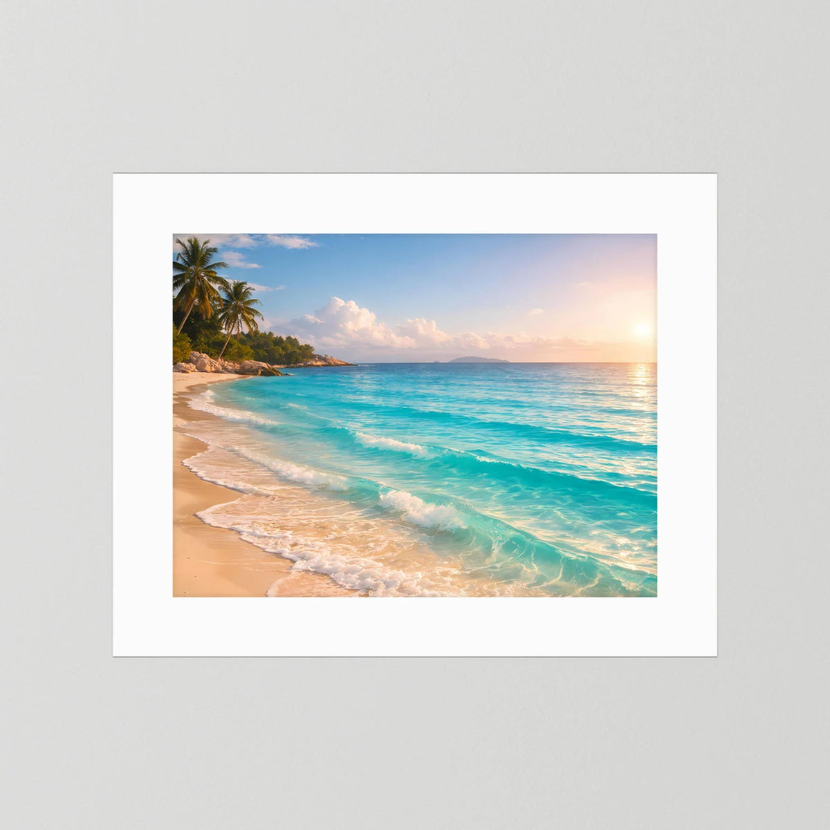 Wandposter mit weißem Passepartout: tropischer Sandstrand bei Sonnenaufgang, türkisfarbenes Wasser