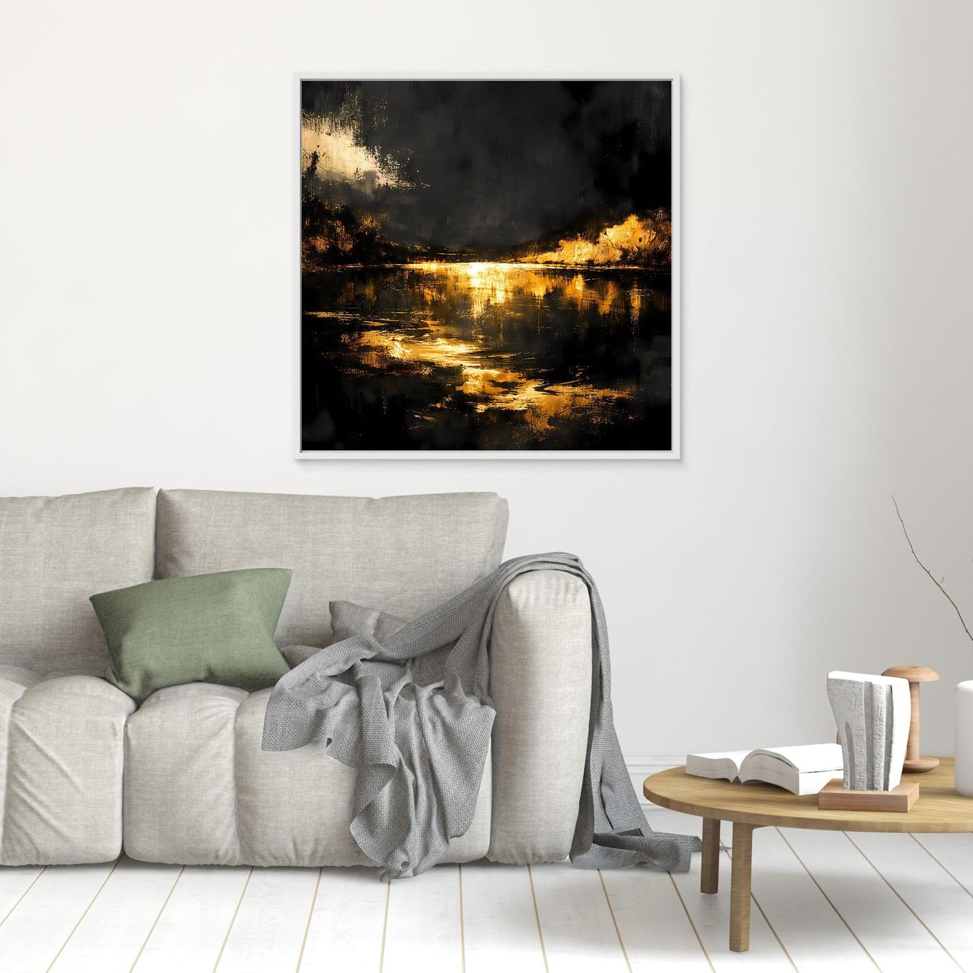 Leinwand Goldene Flusslandschaft bei Nacht | Abstraktes Natur Wandbild Moderne Kunst