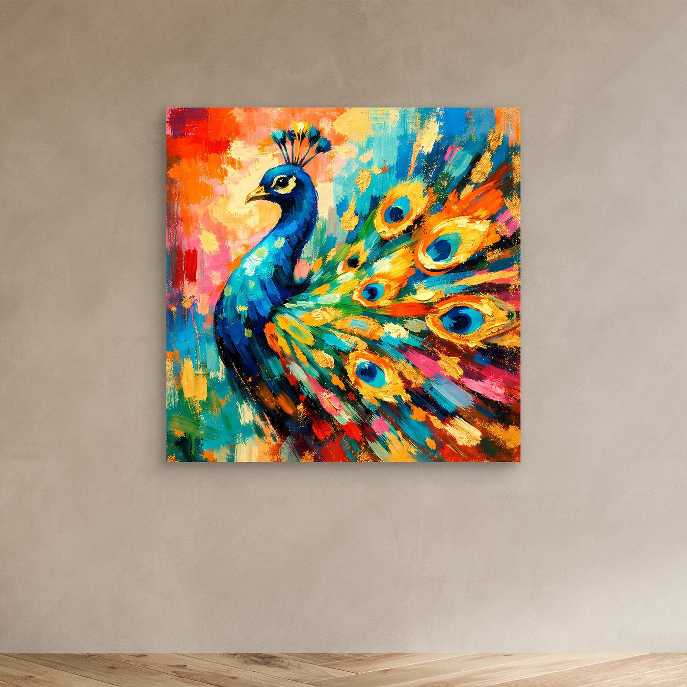 Leinwandbild mit abstraktem Pfau, bunte Farben, ohne Rahmen
