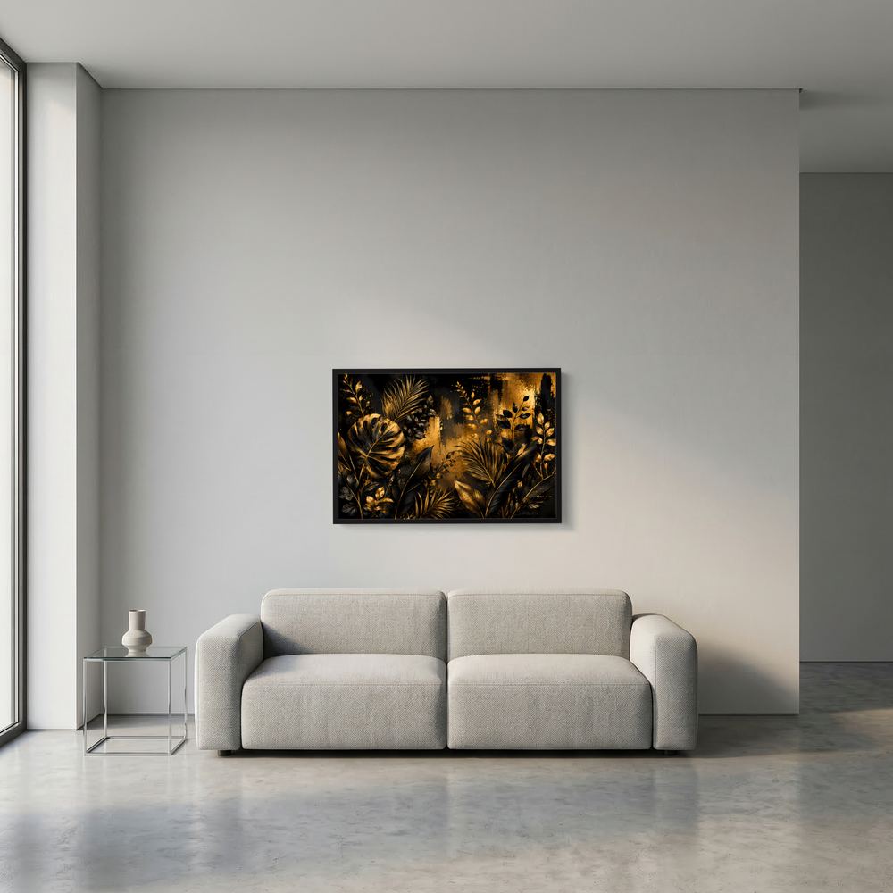 Wandbild-Poster mit goldenen Tropenblättern auf schwarzem Hintergrund, schwarzer Rahmen