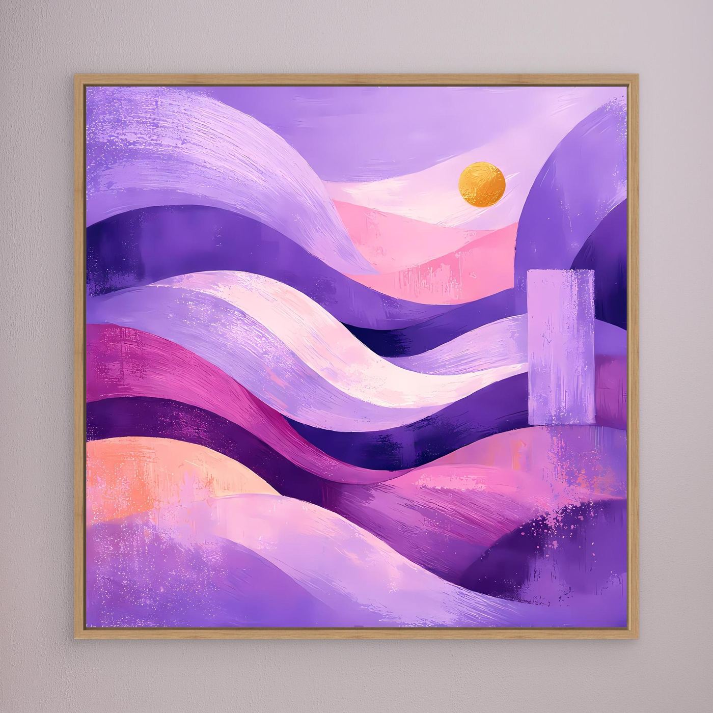 Leinwand-Wandbild mit abstrakten Dünenwellen in Lila und Pink, Gelbmond, goldbrauner Rahmen