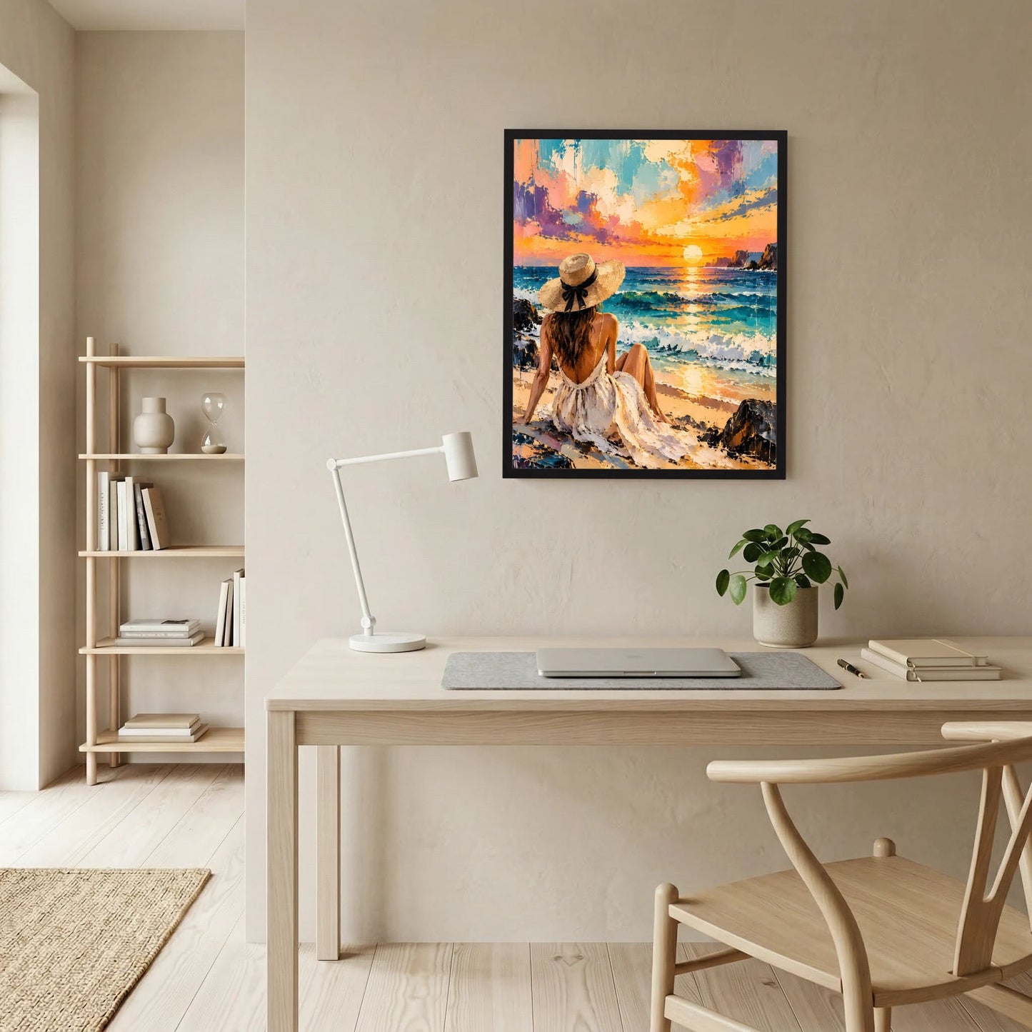 Gerahmtes Poster mit Strandfrau an der Küste, türkis- und orangefarbene Farbflächen