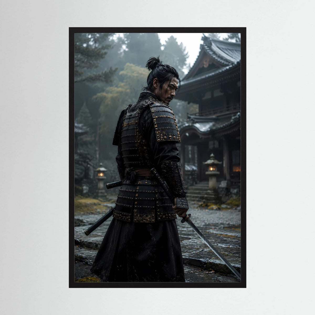 Poster mit Samurai in schwarzer Rüstung im Tempel, im schwarzen Rahmen, seitlich