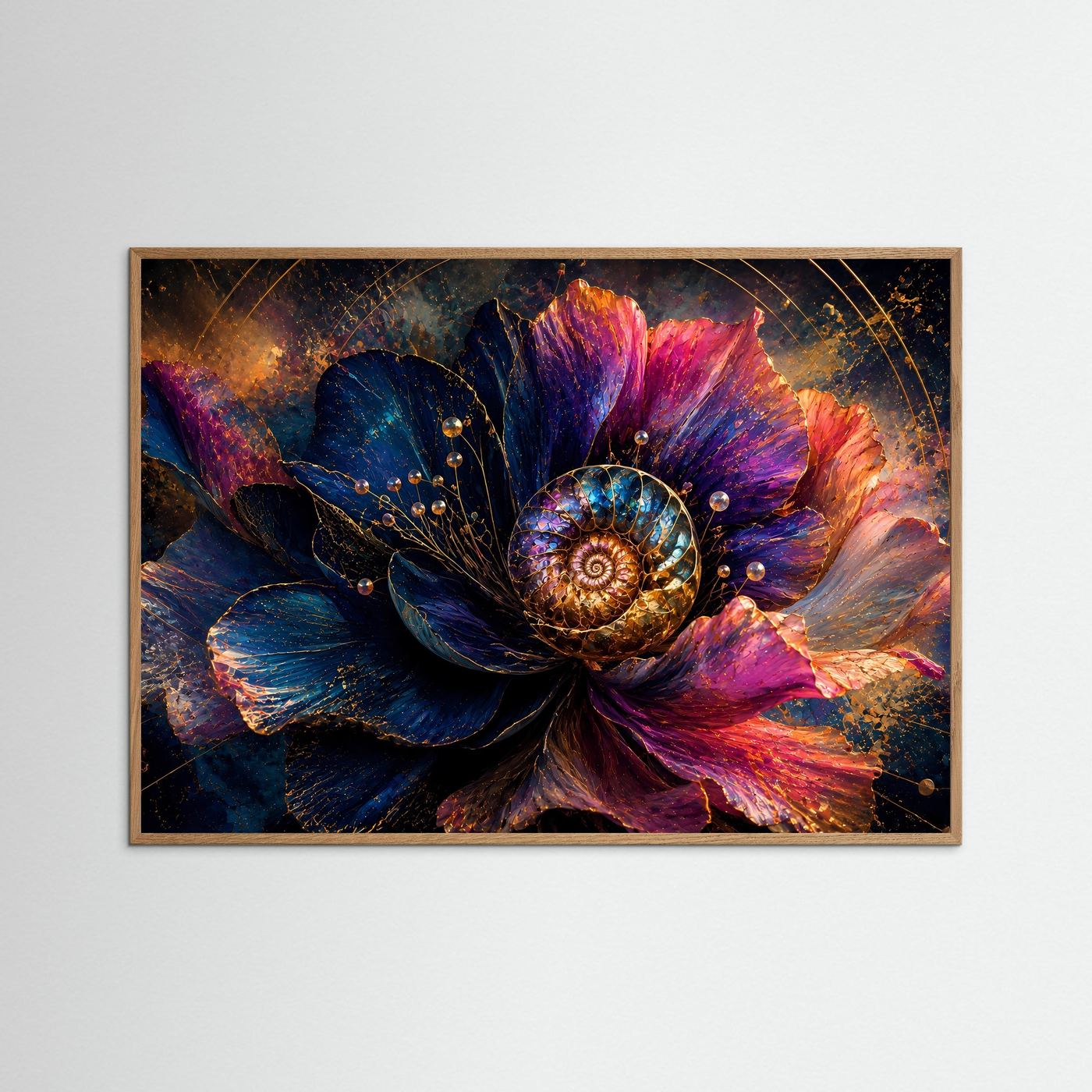 Abstrakte Blume mit Ammonit Wandbild | Luxuriöse Floral Fossil Kunst | Blau Pink Gold Modernes Poster | Elegante Botanical Wall Art | Leinwand