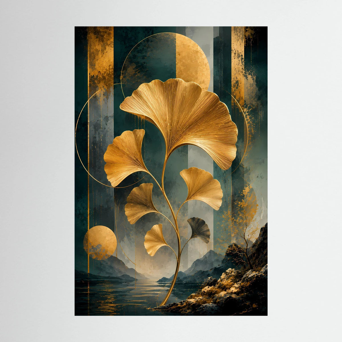 Abstraktes Ginkgo-Poster Hochformat mit goldenen Blättern auf Petrol, Schwarz & Gold