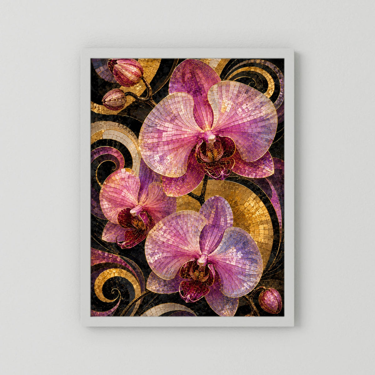 Hochformatiges Kunstposter mit weißem Rahmen und rosa Orchideen im Mosaikdesign.