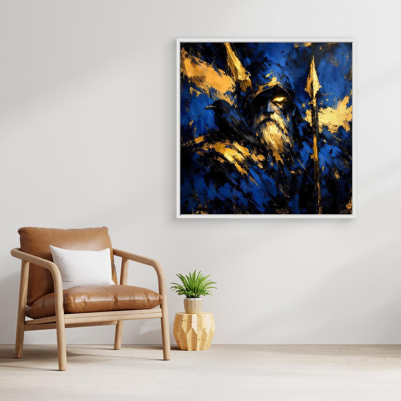 Leinwand Odin der Allvater in Blau und Gold | Modernes Nordische Mythologie Wandbild mit Rabe