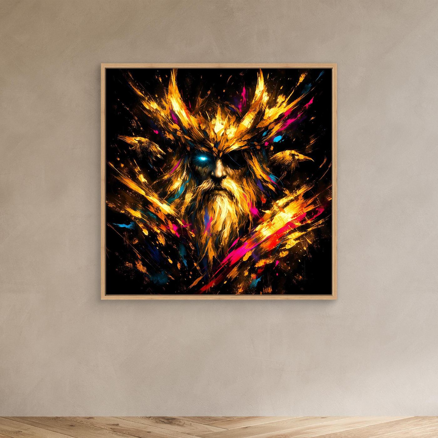 Leinwand Goldener Odin der Allvater mit Raben | Modernes Nordisches Mythologie Wandbild