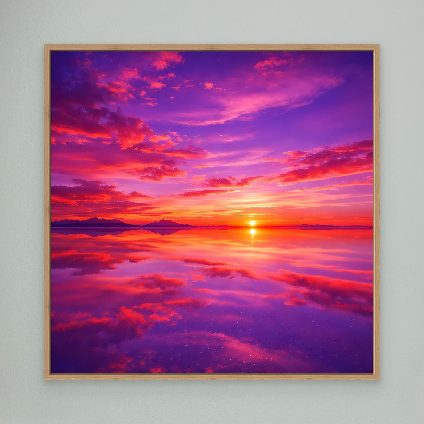 Leinwandbild mit Sonnenuntergangsmotiv, bunte Wolken und tiefes Lila, Holzrahmen Eiche