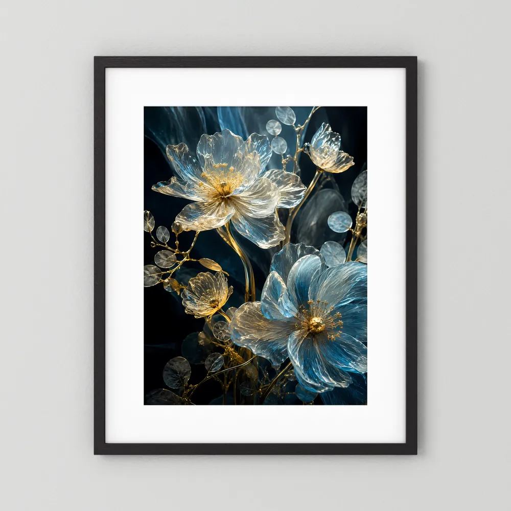 Poster mit blauen und goldenen Kristallblüten im dunklen Rahmen mit weißem Rand