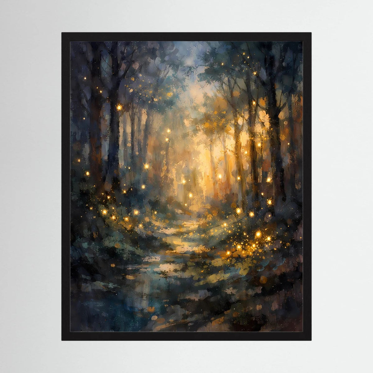 Gerahmtes Hochformat-Poster: Waldweg mit goldenen Lichtpunkten und warmem Leuchten