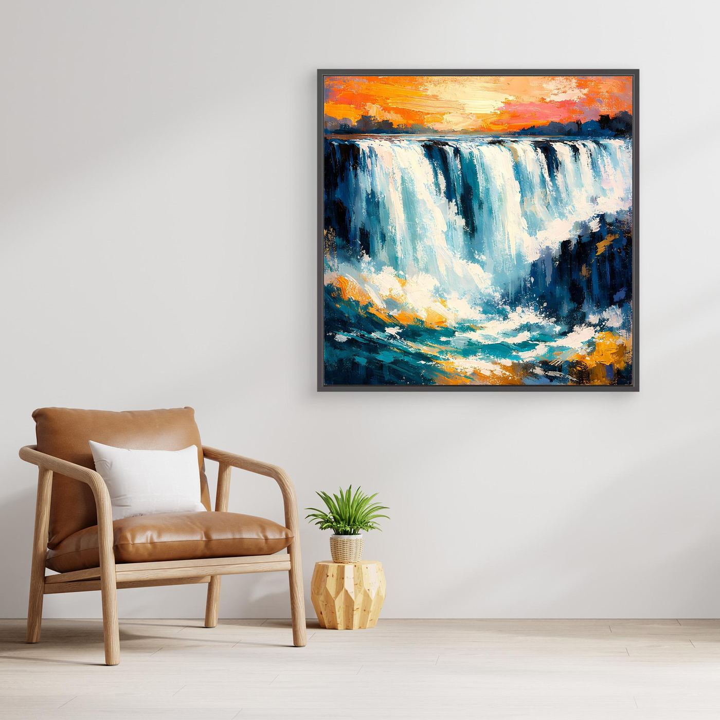 Abstraktes Leinwand-Wandbild mit Wasserfall in Blau und Orange, mit schwarzem Rahmen