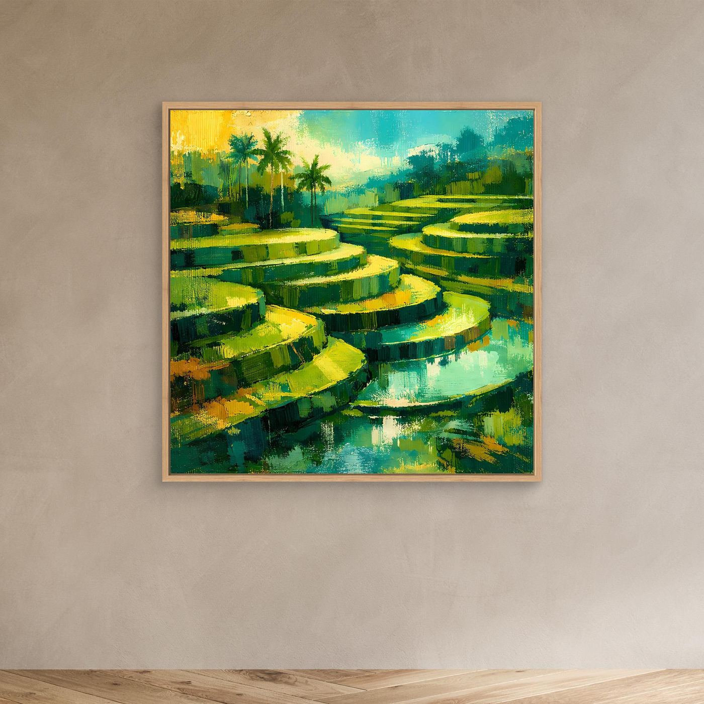 Leinwandbild mit grünen Reisterrassen und Wasserkanälen, Palmenmotiv im Eichenrahmen