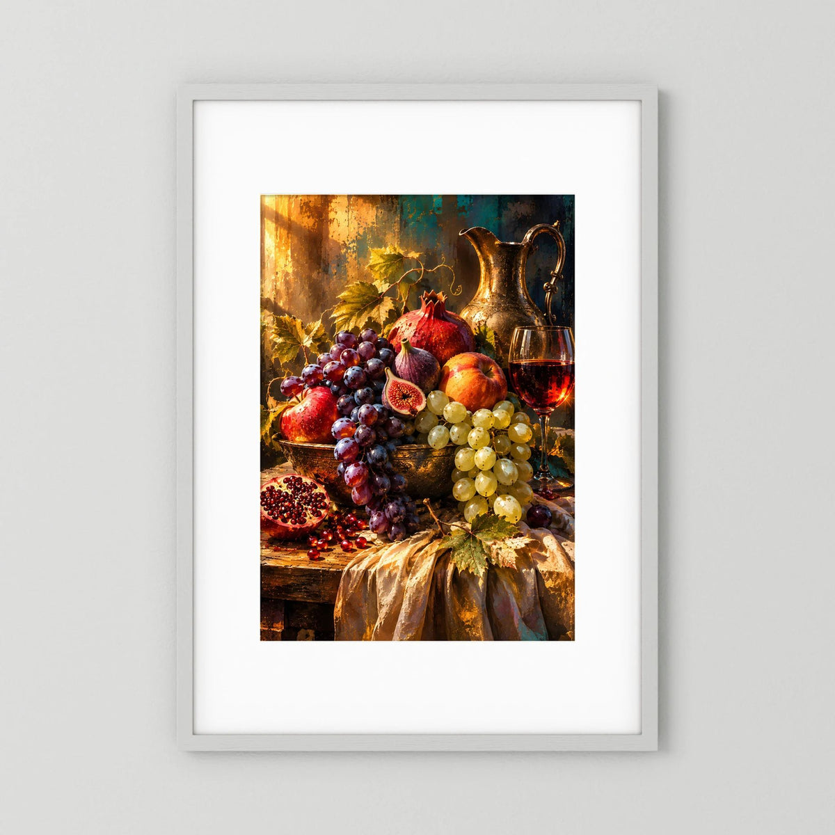 Gerahmtes Hochformat-Poster mit Stillleben: Trauben, Feigen, Granatapfel