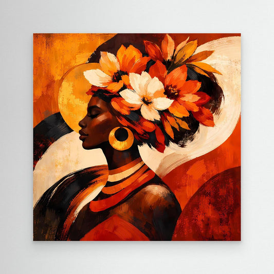 Leinwandbild mit Porträt einer Frau im Profil, orange-weißer Blumenkranz, ohne Rahmen