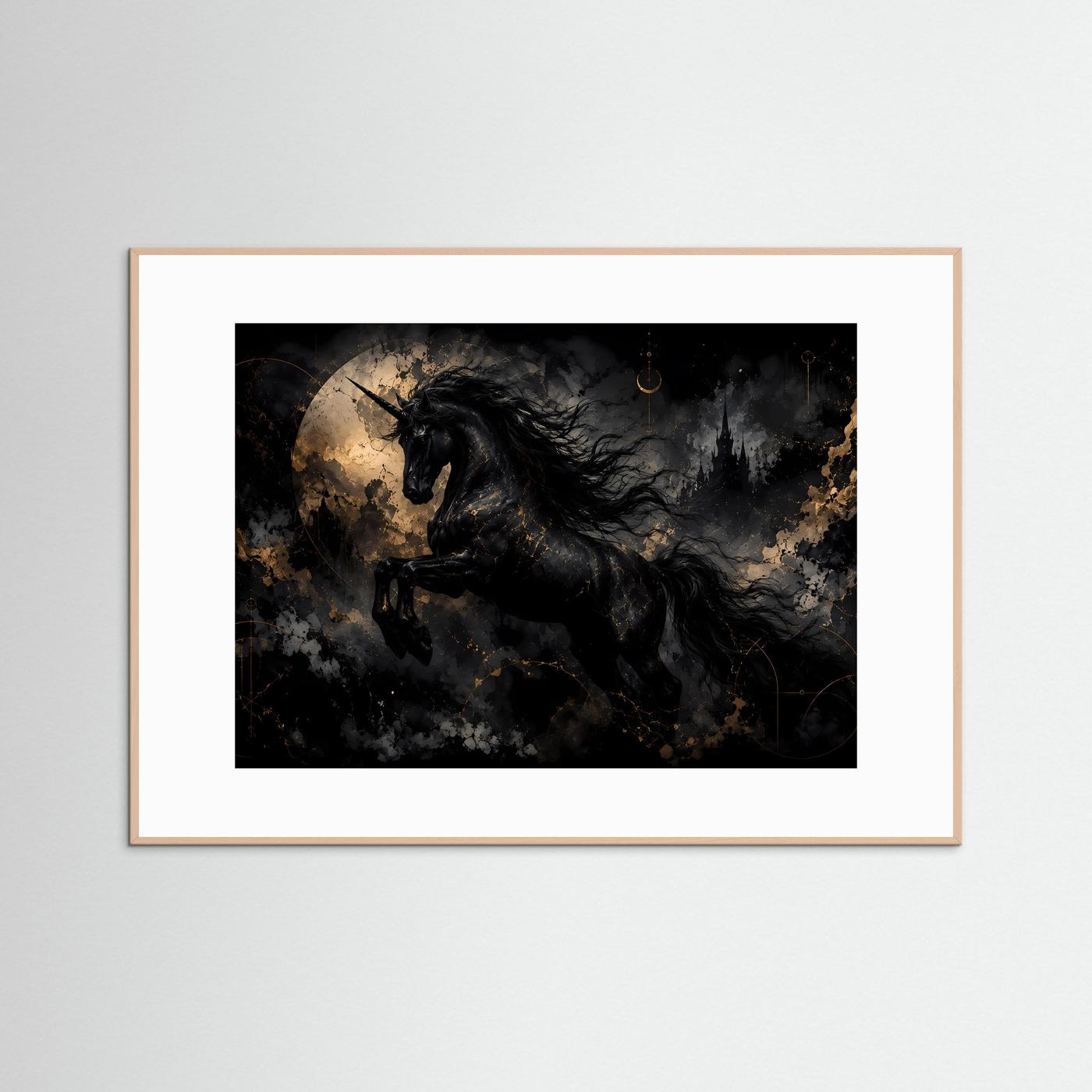 Schwarzes Einhorn Poster | Mystische Fantasy Wandkunst | Gothic Unicorn | Gold Schwarz Kunst | Premium Leinwandbild