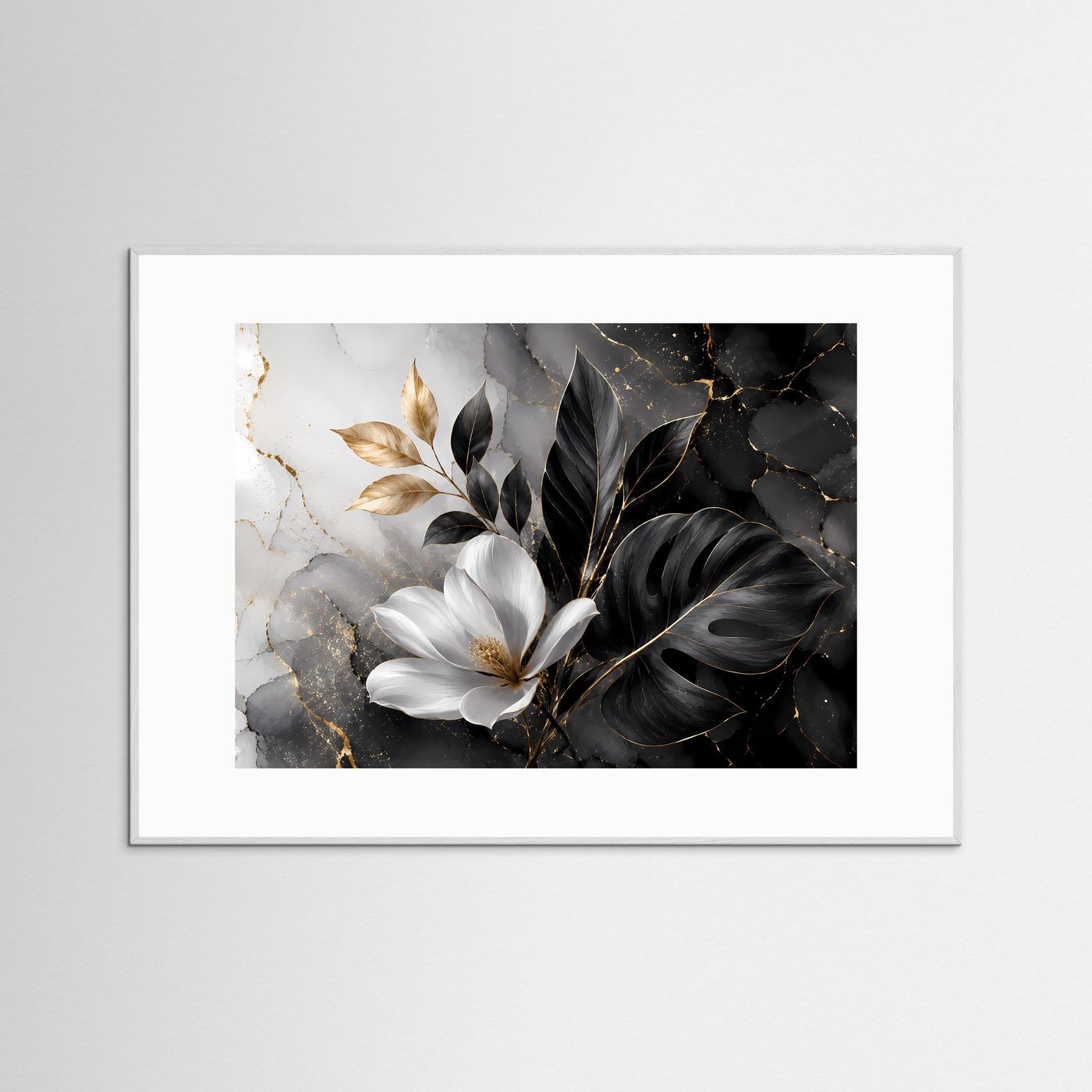 Magnolie Schwarz Gold Wandbild | Botanische Luxus Kunst | Monstera Blätter Poster | Elegante Leinwand | Modern Floral Wall Art | Marmor Dekoration