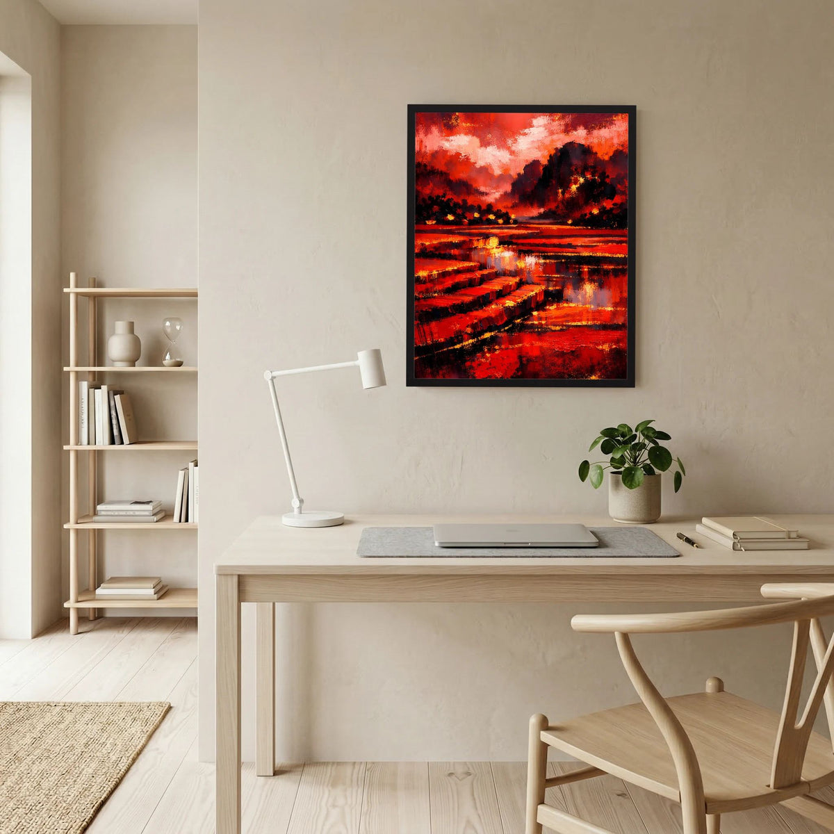 Gerahmtes Kunstposter mit abstrakter Rot-Schwarz-Landschaft, roten Bahnen und Spiegelung