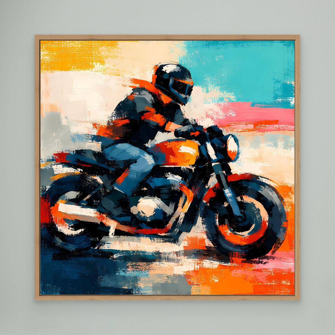 Abstract motorcycle wall art with rider on teal and orange strokes, in an oak wood frame