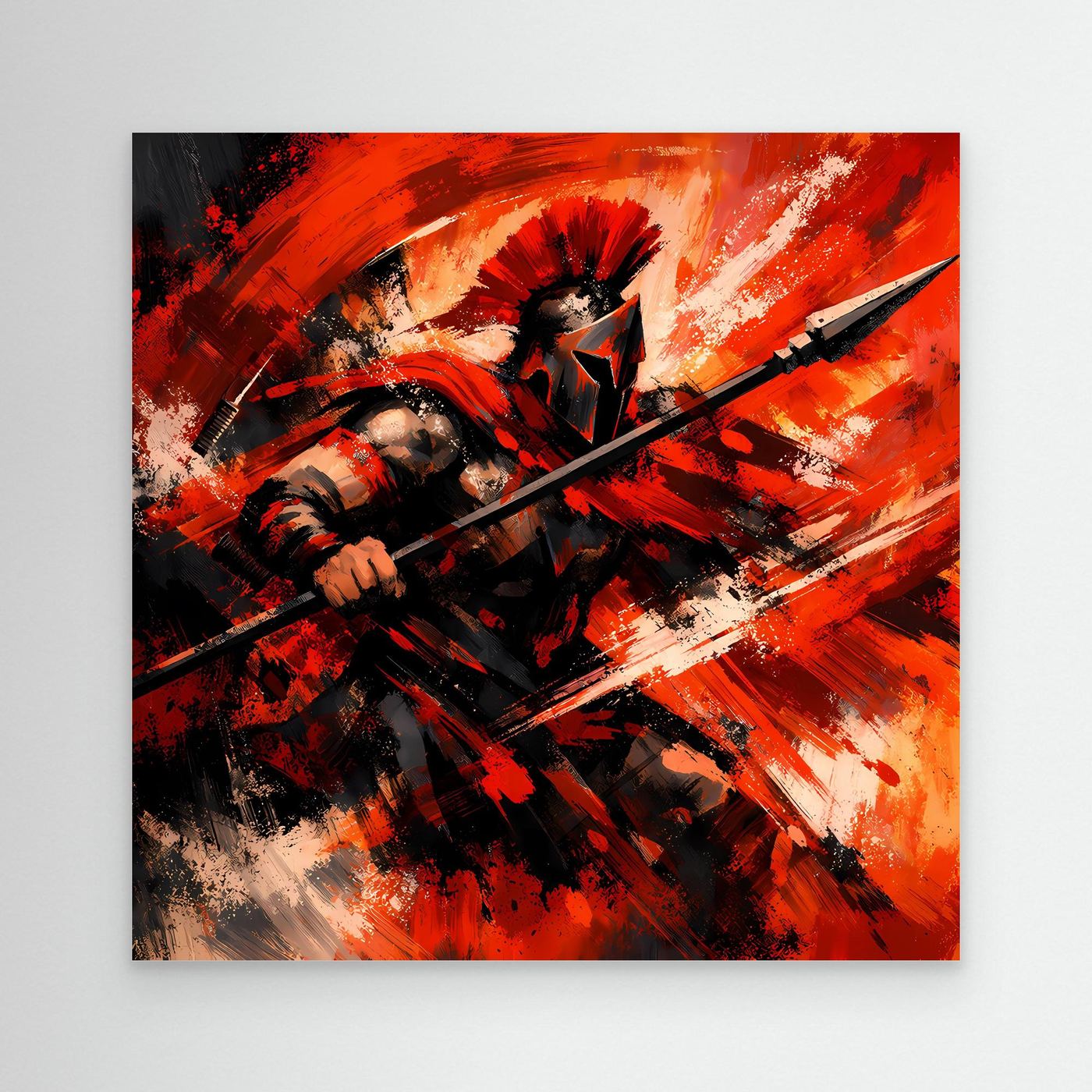 Wandbild mit abstraktem Krieger, rote und schwarze Pinselstriche, Rahmenlos mit schwarzem Rand