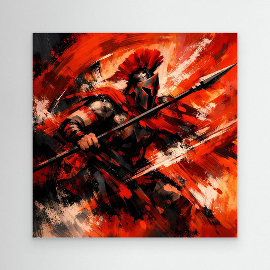 Wandbild mit abstraktem Krieger, rote und schwarze Pinselstriche, Rahmenlos mit schwarzem Rand
