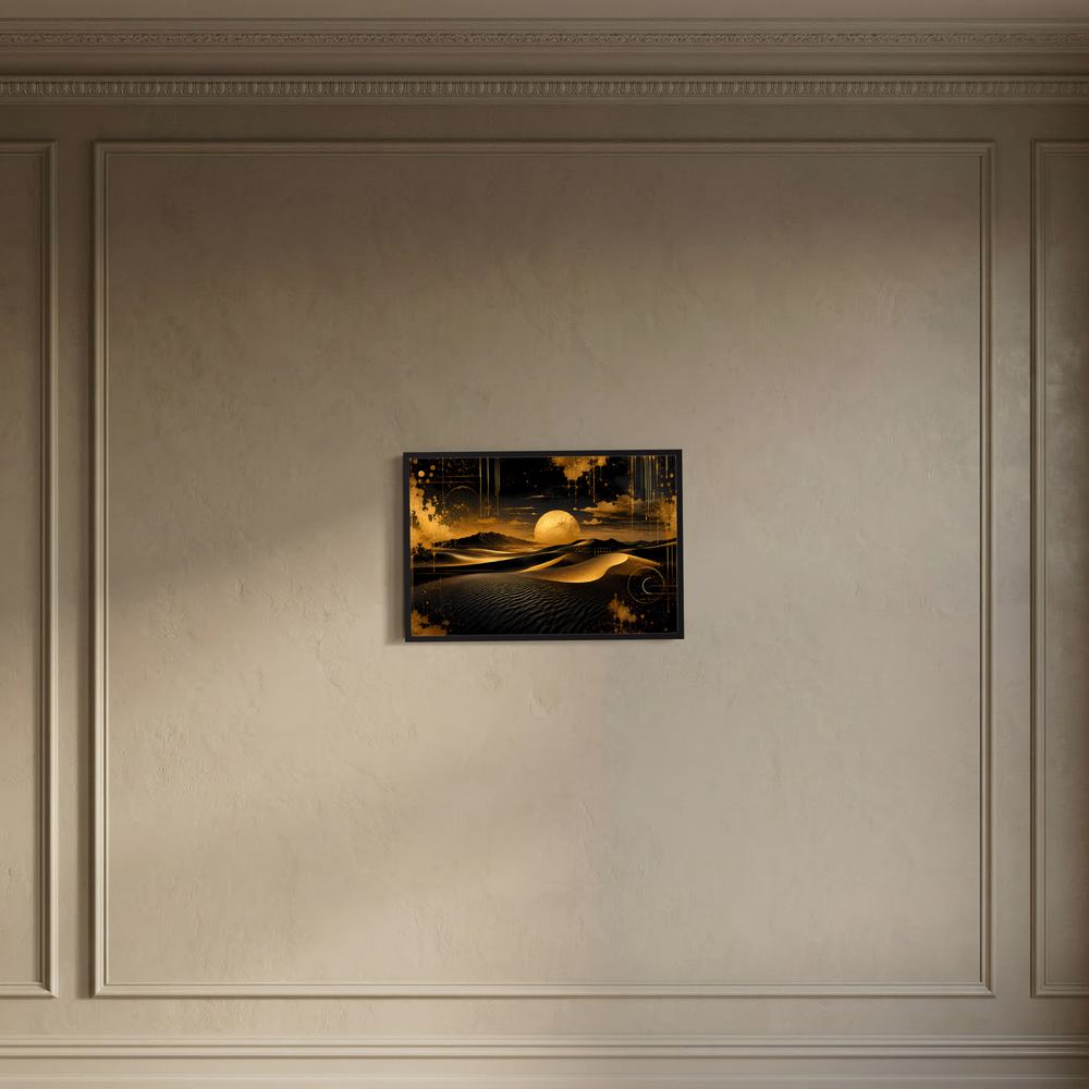 Kleines Poster im Querformat mit abstrakter Dünenlandschaft in Schwarz und Gold, schwarz gerahmt