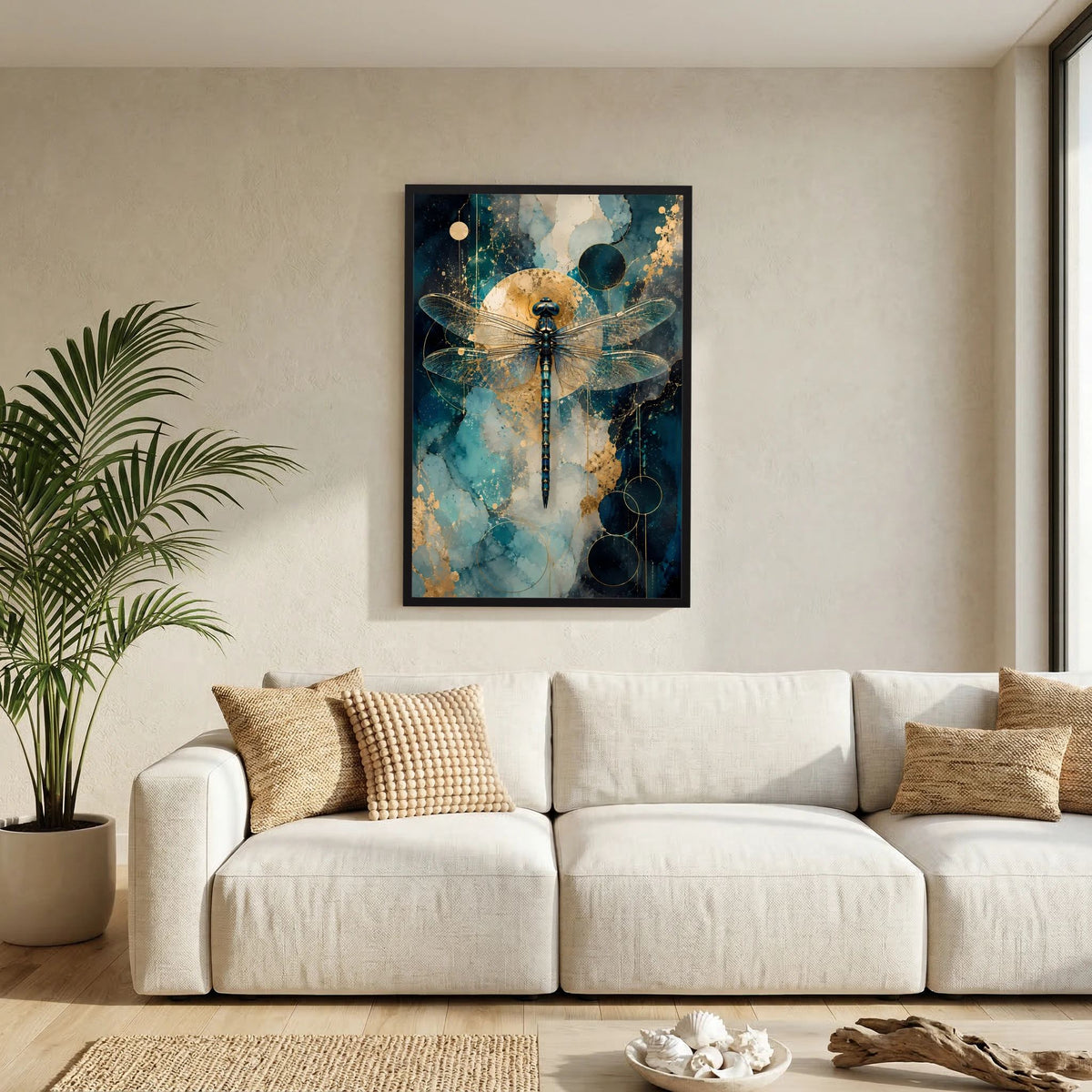 Wandbild im schwarzen Rahmen: Libelle in Petrol-Blau und Gold, abstrakte Kreise