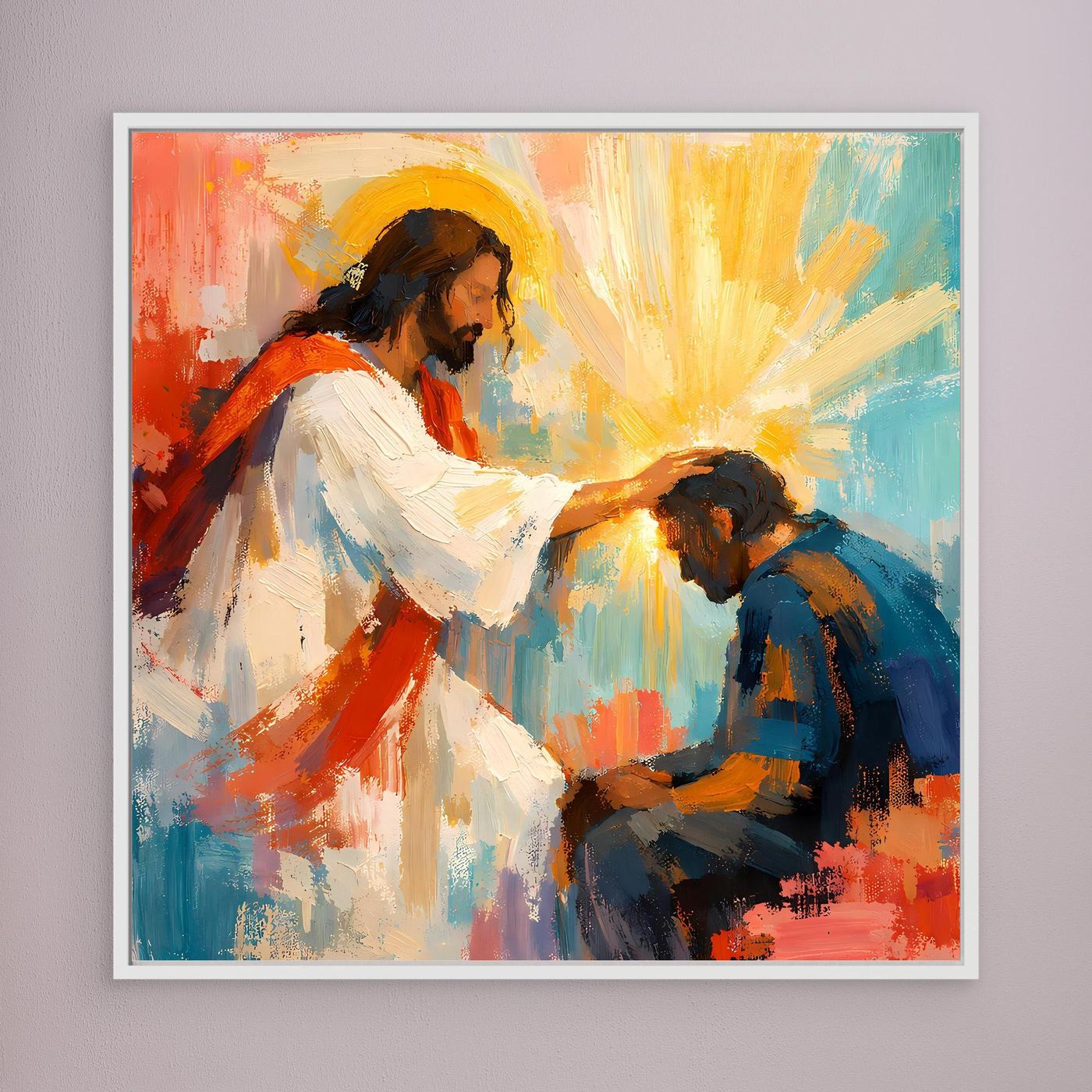 White-framed religious wall art with Jesus blessing a kneeling man