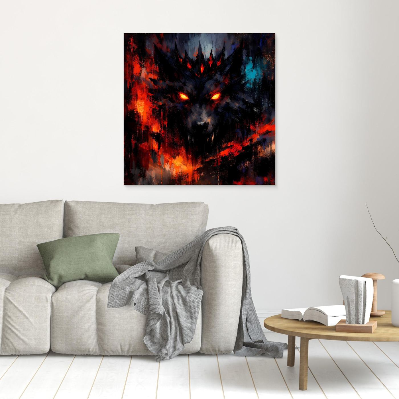 Quadratisches Wolf-Leinwandbild mit Rot- und Blauakzenten, leuchtende Augen, ohne sichtbaren Rahmen