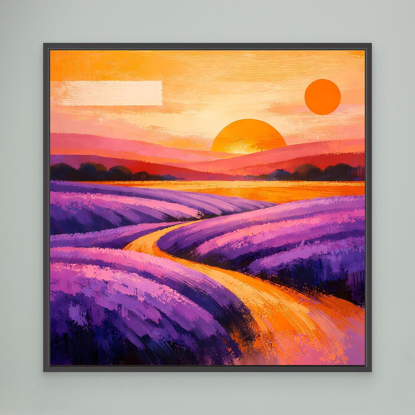 Leinwandbild mit Lavendelfeld-Illustration, dunkel gerahmt; violette Felder und Sonne