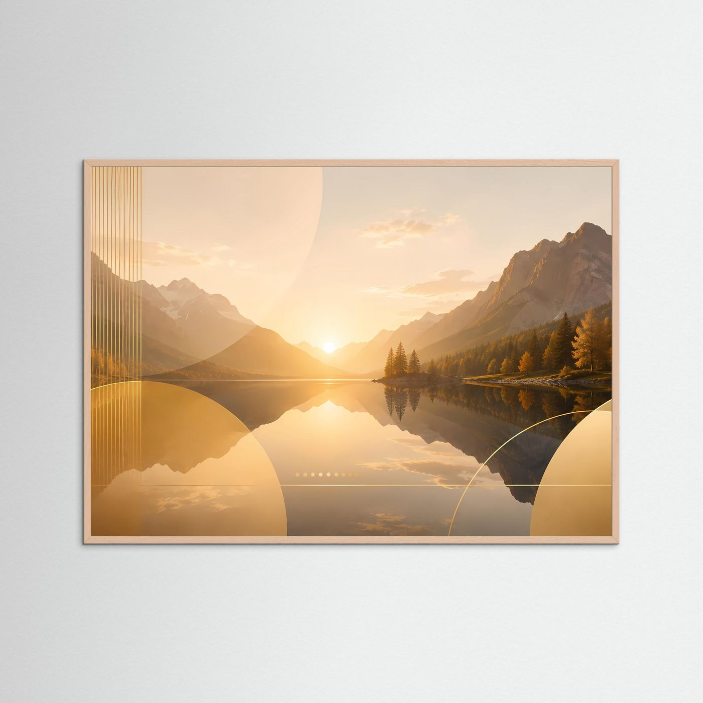 Bergsee Poster Querformat | Goldene Berglandschaft bei Sonnenuntergang | Elegantes Natur Wandbild mit See, Bergen & Herbstwald