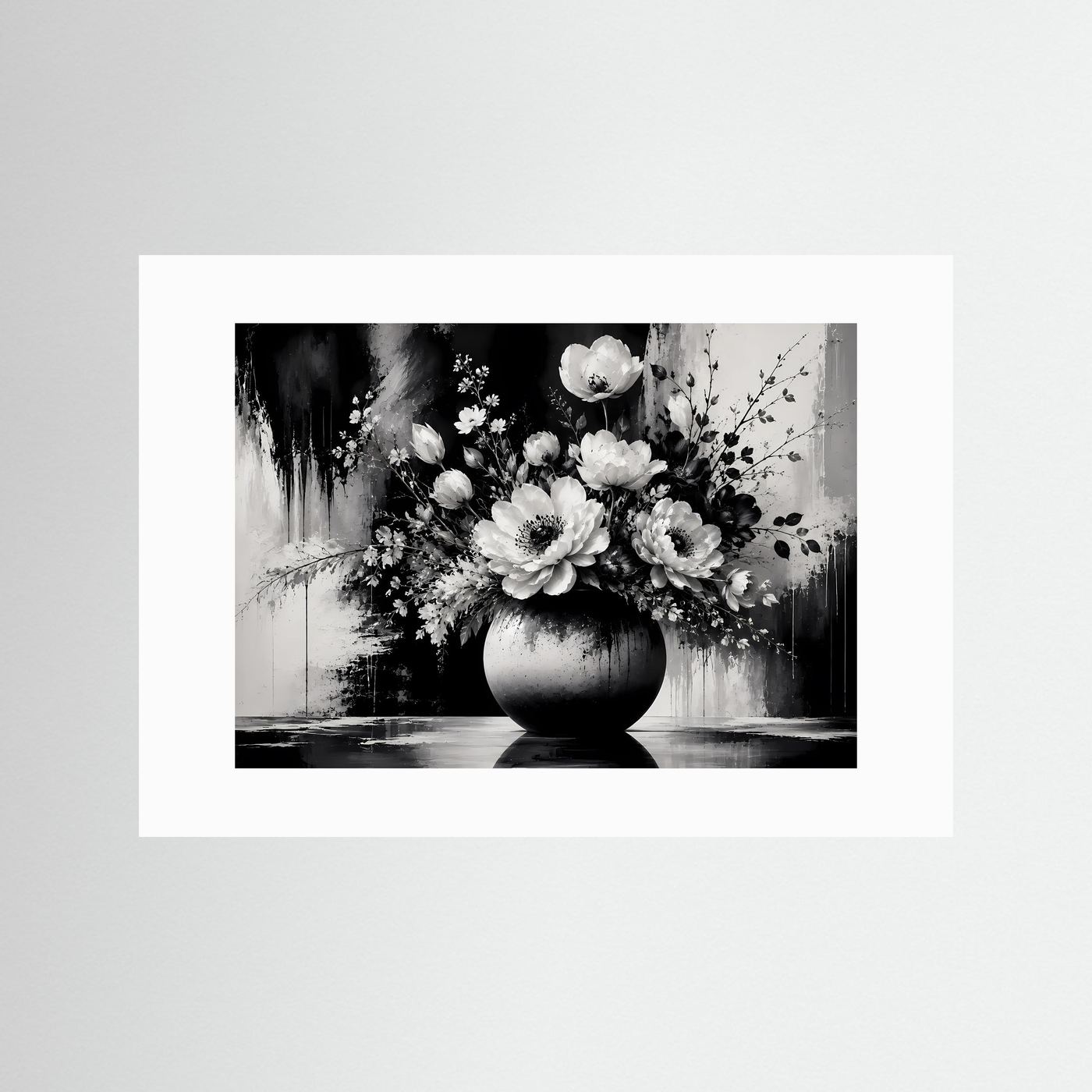 Schwarz Weiß Blumen Poster | Eleganter Blumenstrauß in Vase | Moderne Florale Wandkunst | Monochromes Wandbild