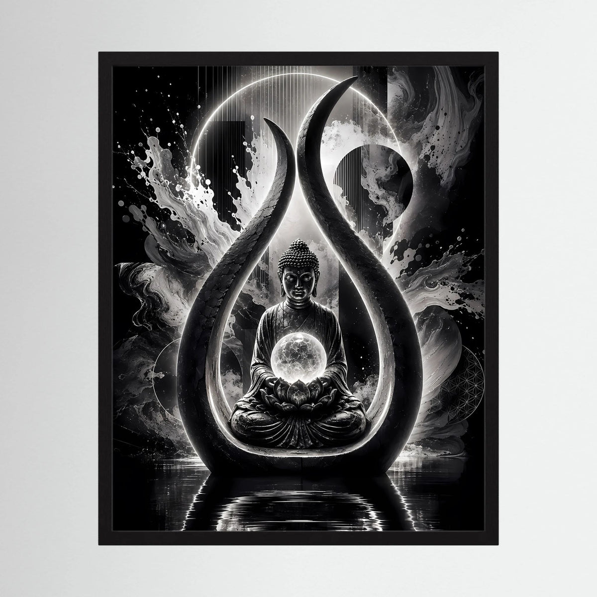 Schwarzweiß-Kunstposter mit Buddhafigur, Flammen- und Tropfenmotiv, gerahmt