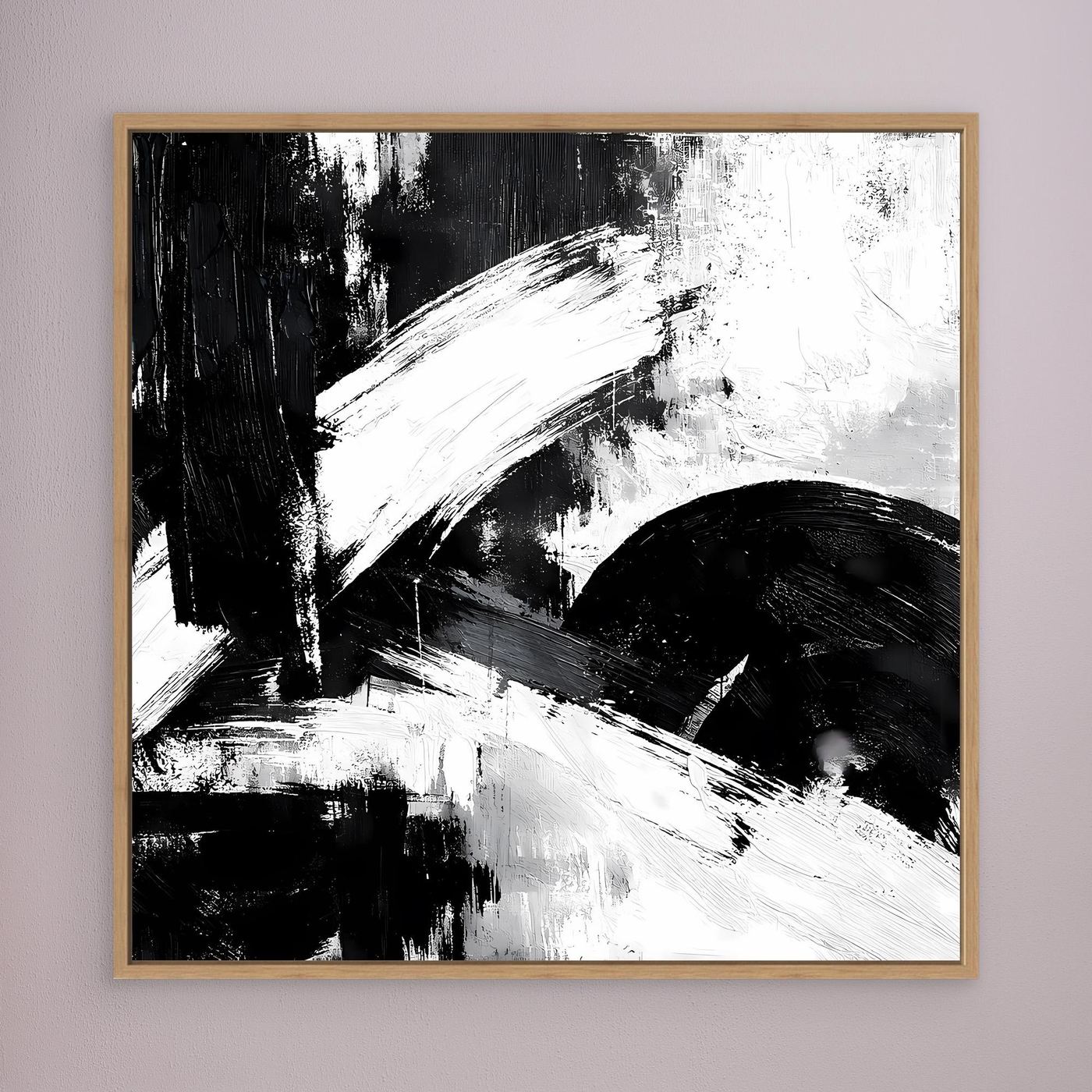 Schwarz-Weiß-Abstrakt-Wandbild mit Holzrahmen, breite Pinselstriche und schwarze Formen