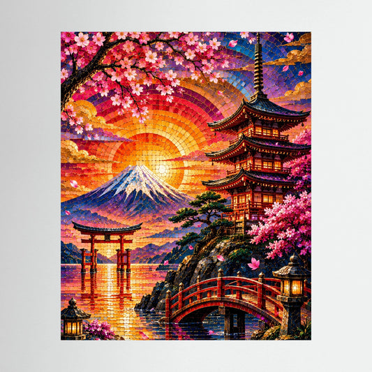 Hochformatiges Poster mit Mosaik-Motiv von Fuji, Kirschblüten und Pagode