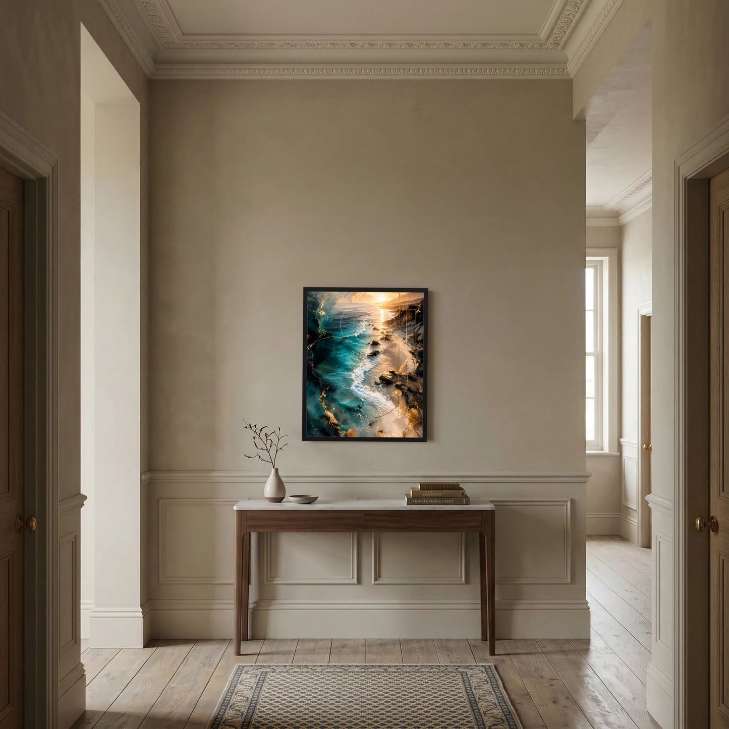 Gerahmtes Poster im Hochformat mit türkisblauer Brandung und goldenem Abendhimmel