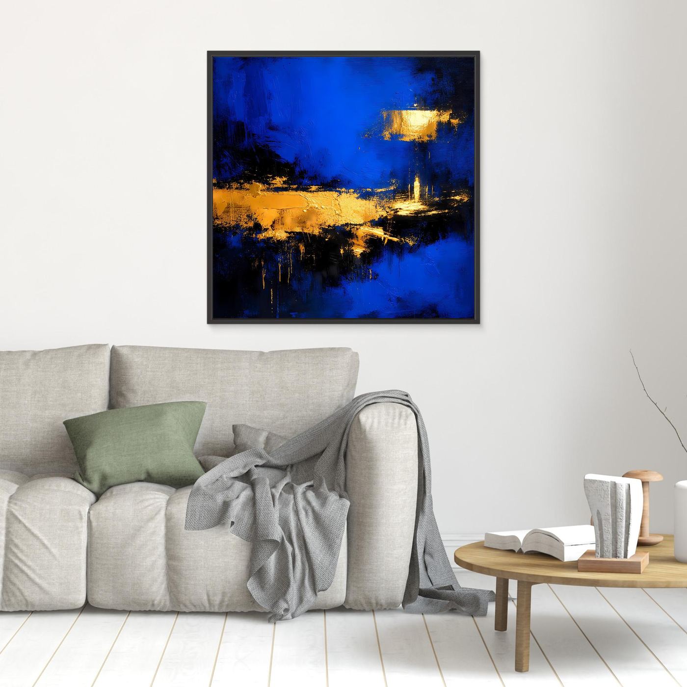Leinwand Abstrakte Meereslandschaft bei Nacht | Modernes Küsten Wandbild in Blau und Gold