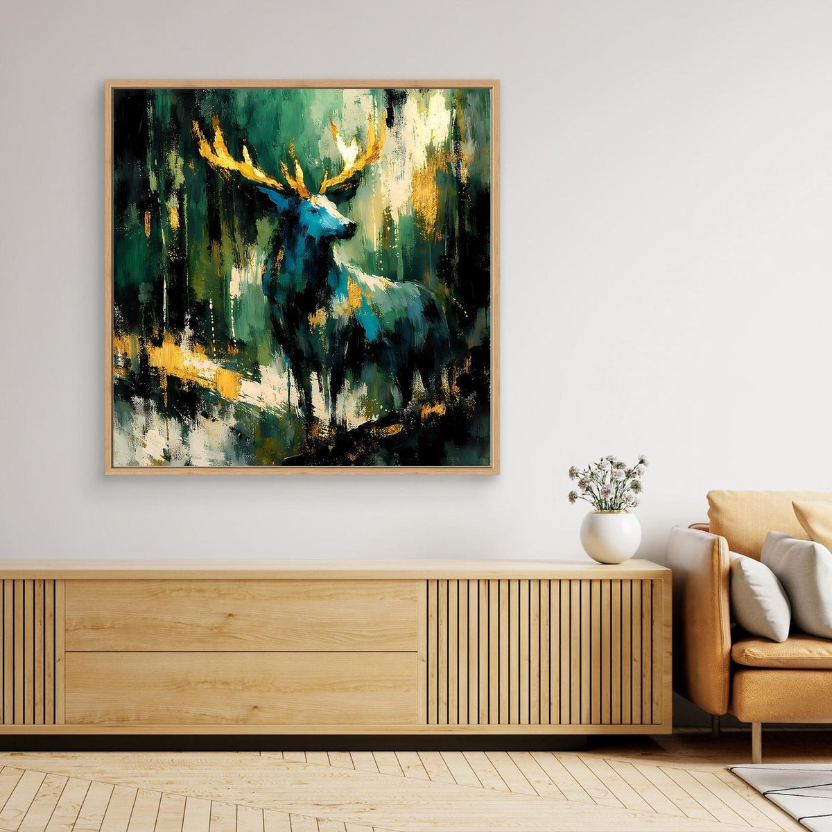 Leinwandbild mit abstraktem Hirsch in Grün, Blau und Gold, Eichenrahmen