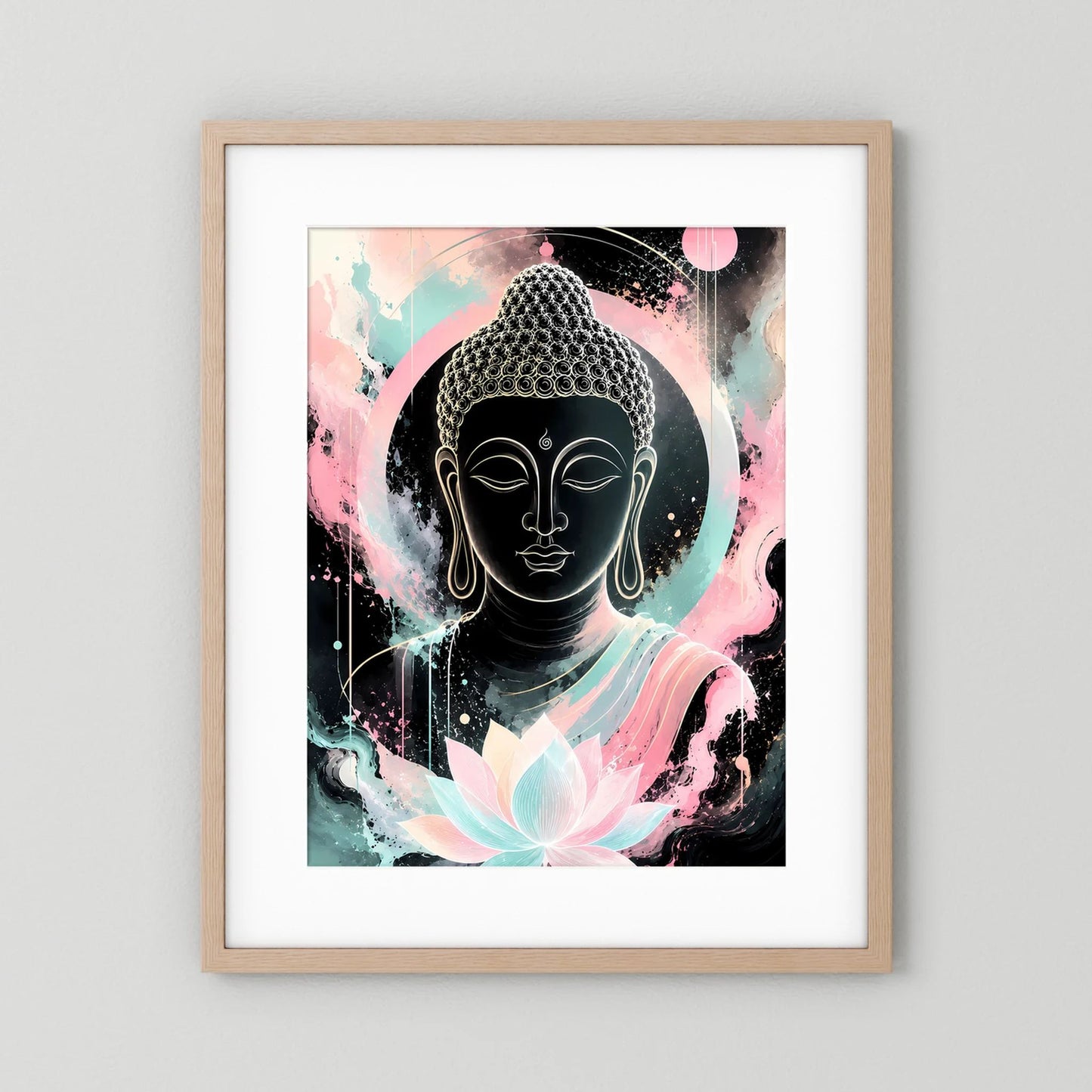 Buddha-Poster im Hochformat mit Lotusblüte und pastellfarbenem Motiv, heller Holzrahmen