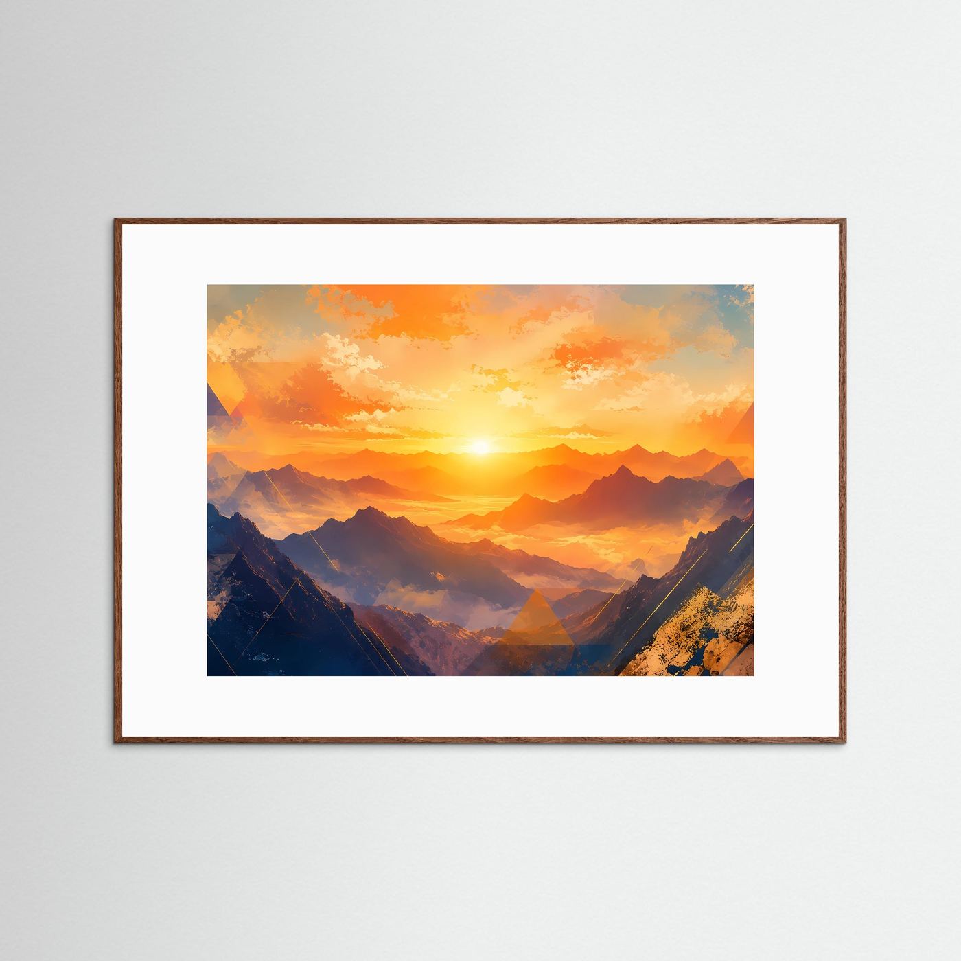 Gerahmtes Landschaftsbild mit Bergpanorama im Sonnenuntergang, orange-blau, brauner Holzrahmen