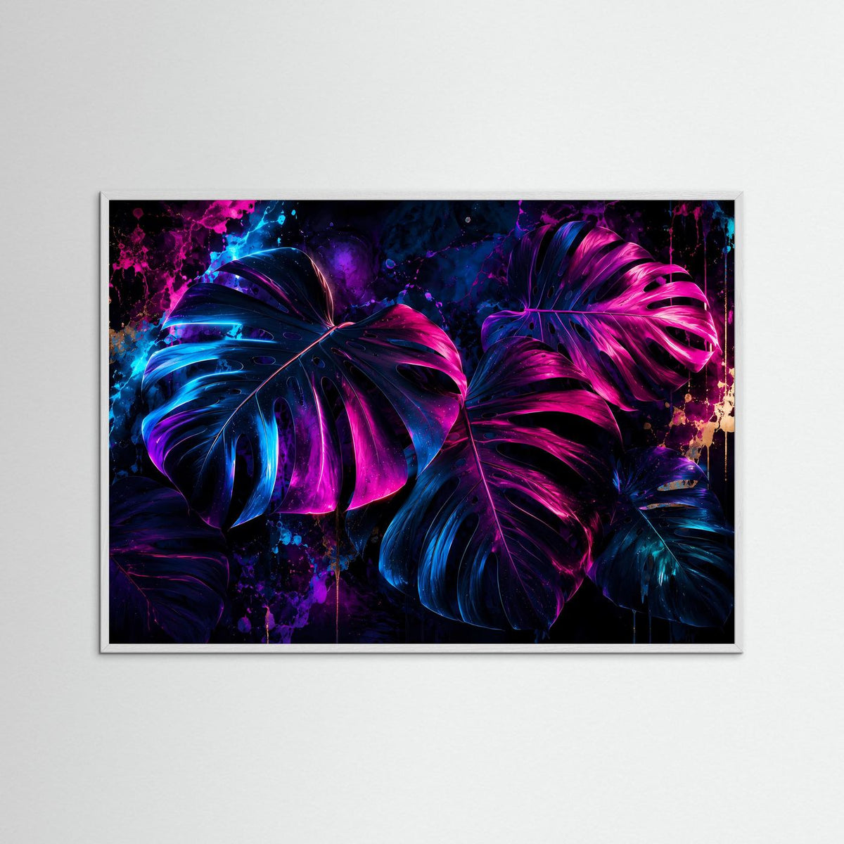 Neon-Monstera-Wandbild im weißen Rahmen, abstrakte Monstera-Blätter in Pink und Blau