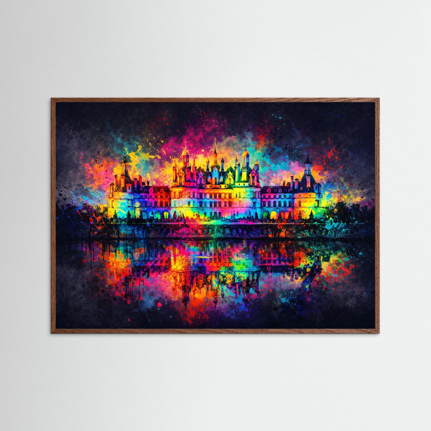 Prachtvolles Schloss mit Wasserspiegelung im Farbexplosion-Stil | Abstrakte Kunst Poster Querformat