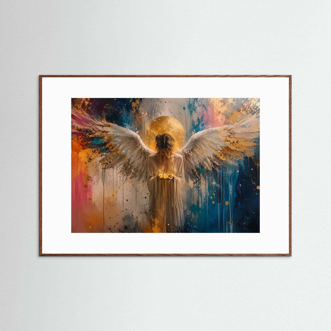 Himmlischer Engel in Gold & Farbe | Modernes Wandbild & Kunstdruck Querformat