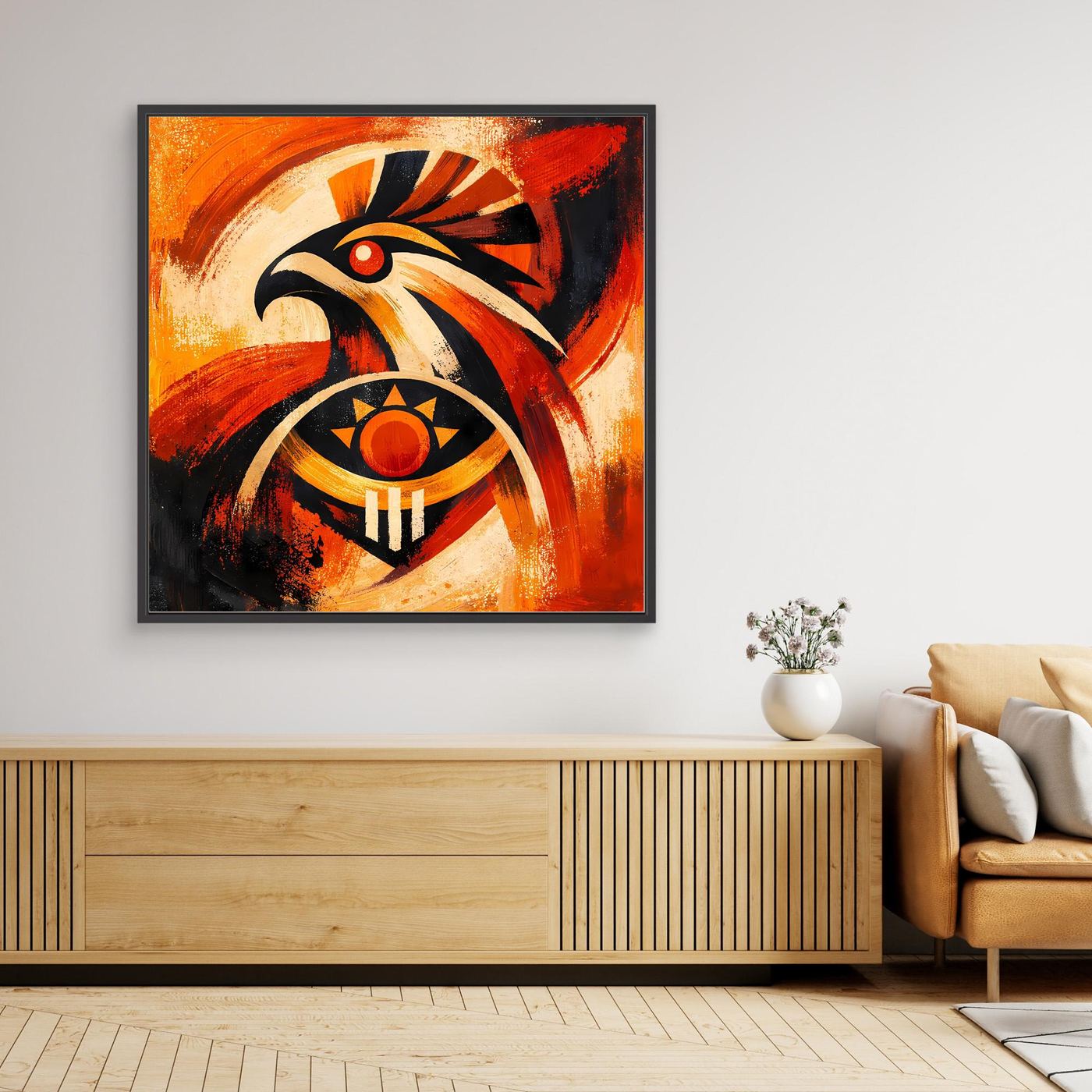 Gerahmtes abstraktes Wandbild mit Adler-Sonnensymbol in Rot, Schwarz und Beige